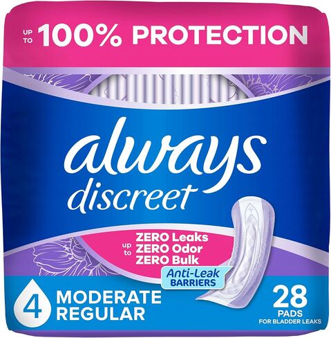 Always Discreet Adult Incontinence Pads for Women, Moderate Absorbency, Regular Length, Postpartum Pads, Up to 100% Bladder Leak Protection, 28 Count in Kuwait