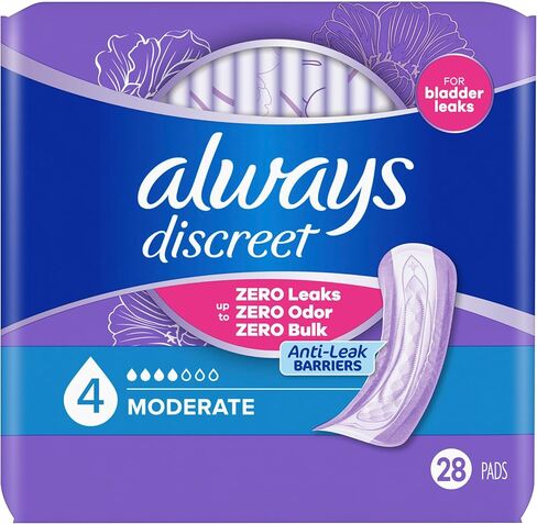 Always Discreet Adult Incontinence Pads for Women, Moderate Absorbency, Regular Length, Postpartum Pads, Up to 100% Bladder Leak Protection, 28 Count in Kuwait