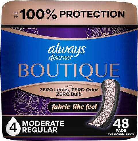 Always Discreet Boutique Adult Incontinence Bladder Leak Pads for Women, Moderate Absorbency, Regular Length, Up to 100% Bladder Leak Protection, 48 Count in Kuwait