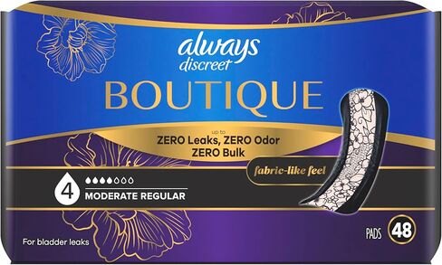 Always Discreet Boutique Adult Incontinence Bladder Leak Pads for Women, Moderate Absorbency, Regular Length, Up to 100% Bladder Leak Protection, 48 Count in Kuwait