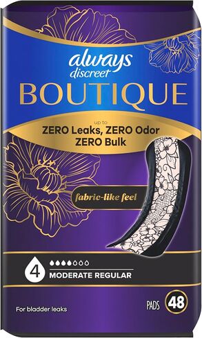 Always Discreet Boutique Adult Incontinence Bladder Leak Pads for Women, Moderate Absorbency, Regular Length, Up to 100% Bladder Leak Protection, 48 Count in Kuwait