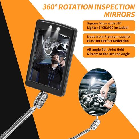 Lighted Inspection Mirror & Magnetic Pickup Tool Set of 5 - Telescoping Handle,360 Swivel for Extra Viewing,Pickup Tool Meet the Needs of Various Occasions,Useful for Mechanic,Automotive,Gifts for men in Kuwait