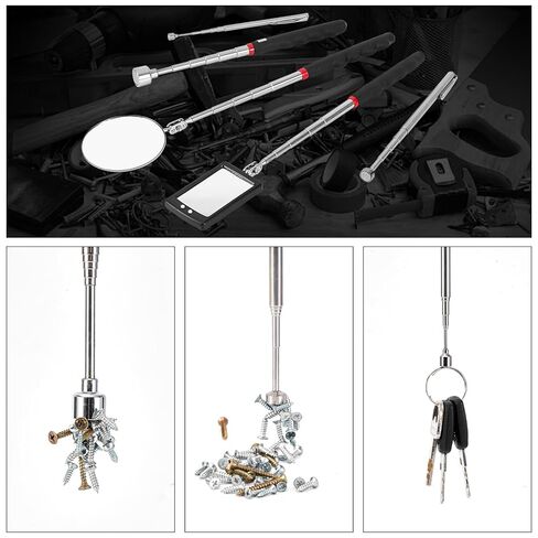 Lighted Inspection Mirror & Magnetic Pickup Tool Set of 5 - Telescoping Handle,360 Swivel for Extra Viewing,Pickup Tool Meet the Needs of Various Occasions,Useful for Mechanic,Automotive,Gifts for men in Kuwait