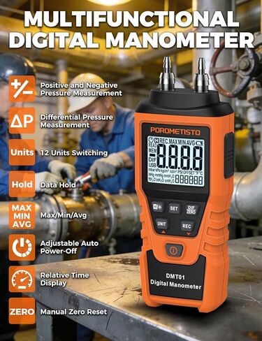 DMT01 مقياس الضغط الرقمي POROMETISTO، معايرة يدوية مخصصة صفر، قياس في الوقت الحقيقي، تسجيل الحد الأقصى/الدقيقة/المتوسط، مقياس الضغط HVAC، 12 وحدة اختبار ضغط الغاز، مقياس الضغط التفاضلي in Kuwait