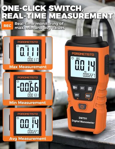 DMT01 مقياس الضغط الرقمي POROMETISTO، معايرة يدوية مخصصة صفر، قياس في الوقت الحقيقي، تسجيل الحد الأقصى/الدقيقة/المتوسط، مقياس الضغط HVAC، 12 وحدة اختبار ضغط الغاز، مقياس الضغط التفاضلي in Kuwait