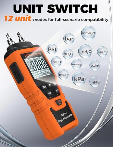 DMT01 مقياس الضغط الرقمي POROMETISTO، معايرة يدوية مخصصة صفر، قياس في الوقت الحقيقي، تسجيل الحد الأقصى/الدقيقة/المتوسط، مقياس الضغط HVAC، 12 وحدة اختبار ضغط الغاز، مقياس الضغط التفاضلي in Kuwait