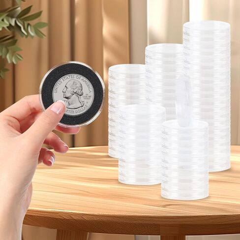 120 PCS Coin Holdings ، Round Clear Coin ، حاملي الدولار الفضي ، حامل عملة مستديرة لهواة جمع العملات ، حماة عملة بلاستيكية مع حلقات إسفنجية قابلة للتعديل (16/20/22/26/33/38 ملم) in Kuwait