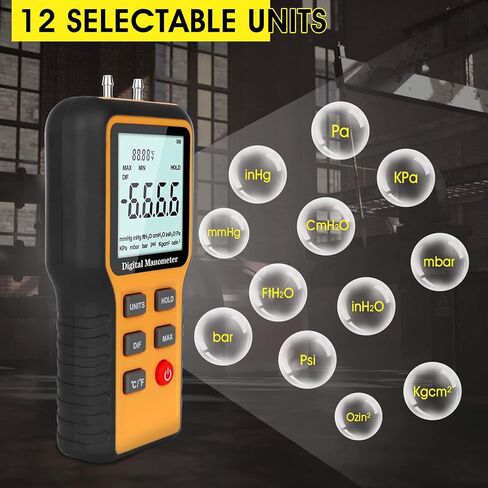 Manometer Gas Pressure Tester, Digital HVAC Manometer Dual-Port Air Pressure Meter with Backlight and Data Record Function, Professional Differential Pressure Gauge with 12 Measure Units in Kuwait