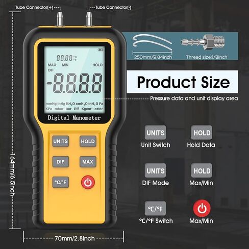 Manometer Gas Pressure Tester, Digital HVAC Manometer Dual-Port Air Pressure Meter with Backlight and Data Record Function, Professional Differential Pressure Gauge with 12 Measure Units in Kuwait