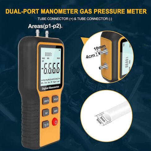 Manometer Gas Pressure Tester, Digital HVAC Manometer Dual-Port Air Pressure Meter with Backlight and Data Record Function, Professional Differential Pressure Gauge with 12 Measure Units in Kuwait
