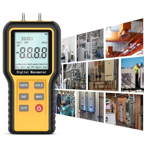 Manometer Gas Pressure Tester, Digital HVAC Manometer Dual-Port Air Pressure Meter with Backlight and Data Record Function, Professional Differential Pressure Gauge with 12 Measure Units in Kuwait