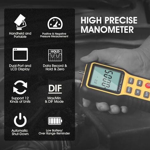 Manometer Gas Pressure Tester, Digital HVAC Manometer Dual-Port Air Pressure Meter with Backlight and Data Record Function, Professional Differential Pressure Gauge with 12 Measure Units in Kuwait