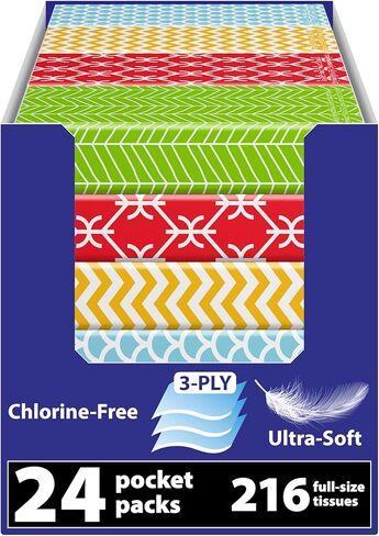 عبوات مناديل الوجه البيضاء للسفر من فانوارز، غير مبيضة، خالية من الكلور، مناديل جيب مدمجة للسيارة والمحفظة والمدرسة والعمل، عبوات مناديل أثناء التنقل، تصميم الفطر، 24 عبوة، 216 منديلًا، 3 طبقات in Kuwait