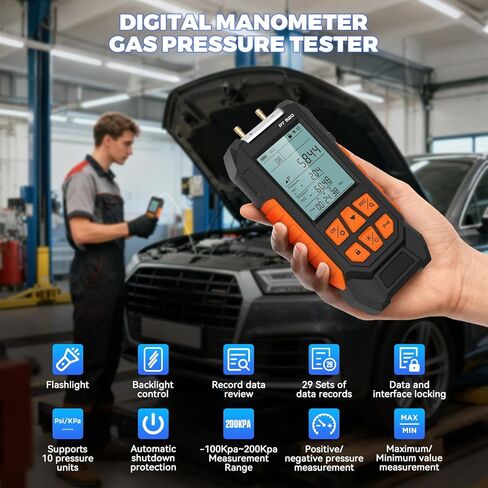 Manometer Gas Pressure Tester -100 to 200Kpa Dual-Port Digital Manometer 10 Measurement Units, Manometer HVAC Gas Pressure Tester with 29 Sets Data Recording, Backlight & Flashlight, Auto-Shutdown in Kuwait