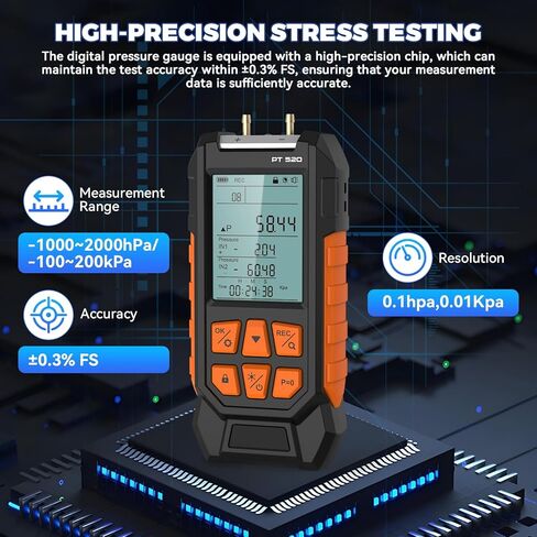 Manometer Gas Pressure Tester -100 to 200Kpa Dual-Port Digital Manometer 10 Measurement Units, Manometer HVAC Gas Pressure Tester with 29 Sets Data Recording, Backlight & Flashlight, Auto-Shutdown in Kuwait
