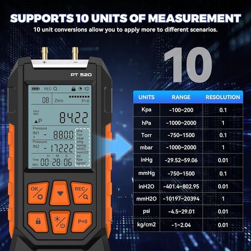Manometer Gas Pressure Tester -100 to 200Kpa Dual-Port Digital Manometer 10 Measurement Units, Manometer HVAC Gas Pressure Tester with 29 Sets Data Recording, Backlight & Flashlight, Auto-Shutdown in Kuwait