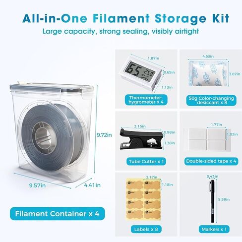 Filament Storage Box - 4 Pack 4L 3D Printer Filament Containers with 4 Hygrometers, Airtight Dry Boxes for Sealing and Protection, Water-Proof & Dust-Proof, Reusable Desiccant, Tube Cutter & Labels in Saudi Arabia