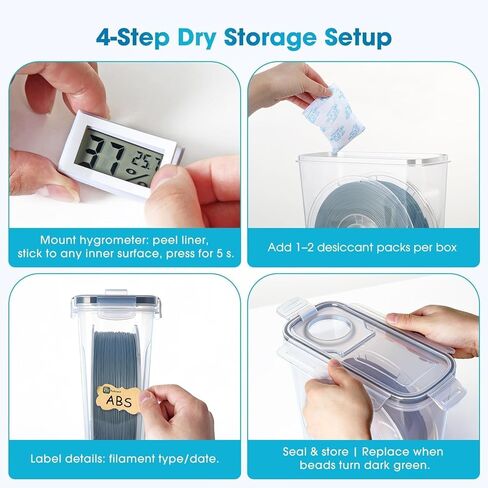 Filament Storage Box - 4 Pack 4L 3D Printer Filament Containers with 4 Hygrometers, Airtight Dry Boxes for Sealing and Protection, Water-Proof & Dust-Proof, Reusable Desiccant, Tube Cutter & Labels in Saudi Arabia