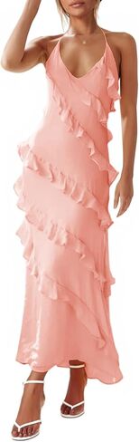 فستان Wenrine النسائي المثير من الشيفون طويل الأكمام بدون أكمام مكشكش مكشوف الظهر للحفلات والنوادي in Kuwait