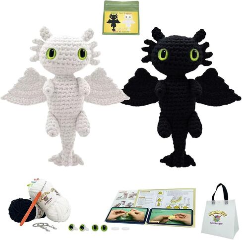 Lunuafvvy المبتدئين الكروشيه Kit-Crochet Animal Amigurumi Kit و Knitting & Crocheting Starter Kit للبالغين والمراهقين ، مع خيوط ناعمة ، تعليمات فيديو وكتاب ، خطاف ، حقيبة ، تنين الكروشيه كهدية للأطفال in Kuwait