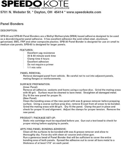 Speedokote Panel Bonding Adhesive, 2 Component, 200 mL Cartridge with 2 Tips, SPB-30 in Kuwait