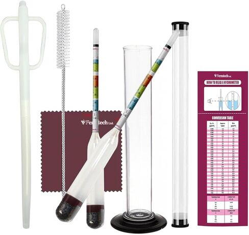 مجموعة مقياس كثافة السوائل من Fermtech مع عينة لص النبيذ مقاس 19 بوصة - مقياس كثافة السوائل الزجاجي ثلاثي المقياس لـ ABV واختبار البريكس والجاذبية، أداة أخذ العينات البلاستيكية لأباريق سعة 1 جالون/Carboys، مجموعة تخمير النبيذ والبيرة المنزلية in Kuwait