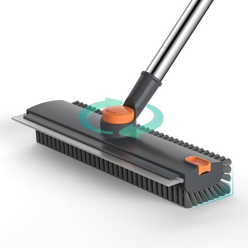 Floor Scrub Brush with Long Handle Length Adjustable, 3 in 1 Heavy-Duty Stiff 90° Bristle Floor Scrubber Broom with Squeegee, Cleaning Brush for Bathroom, Garage, Kitchen, Tile, Deck & Patio (Gray) in Saudi Arabia