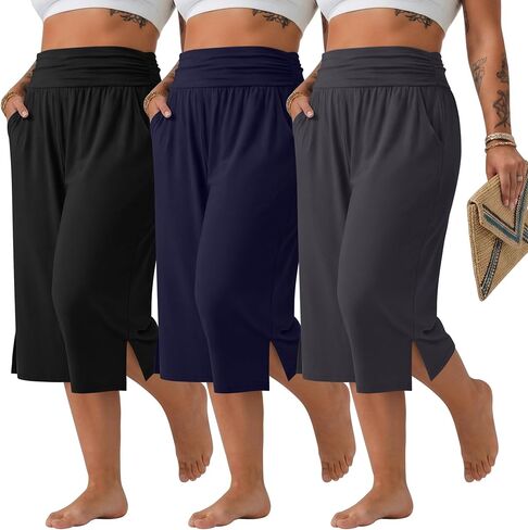 Neer 3 Pack Women's Plus Size Cotton Capri Pants High Waisted Wide Leg Loose Lounge Yoga Cropped Sweatpants with Pockets in Kuwait