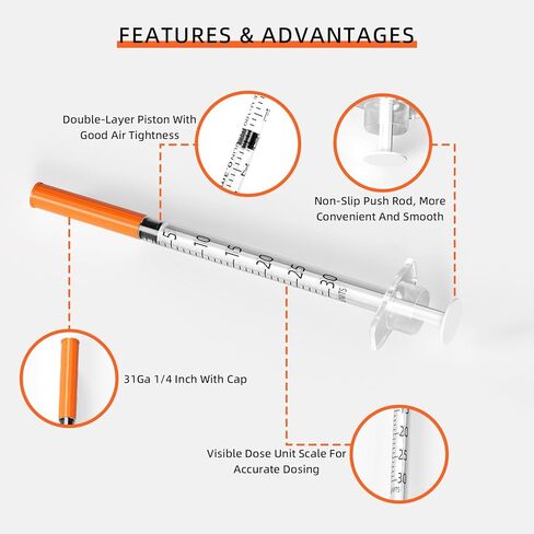 100 Pack U-100 0.3ml Lab Syringe, 31G 1/4 Inch (0,25 x 6mm) Disposable Syringes Supplies, Individually Wrapped in Kuwait