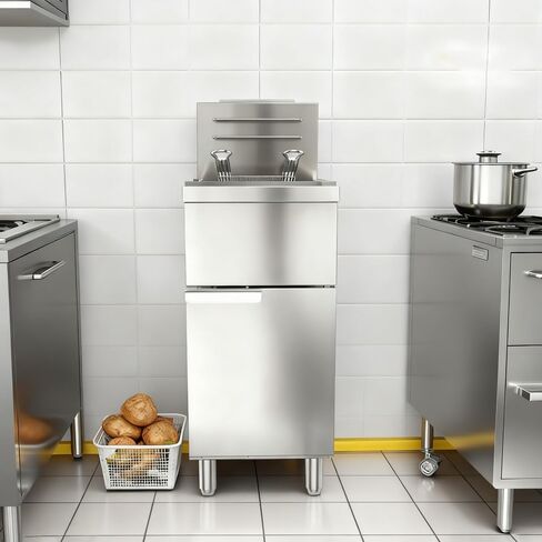 مقلاة عميقة تعمل بالغاز، مقلاة أرضية قائمة بذاتها من الفولاذ المقاوم للصدأ مع سلال 4 أنبوب 120000 وحدة حرارية بريطانية 50 رطل للمطاعم in Kuwait