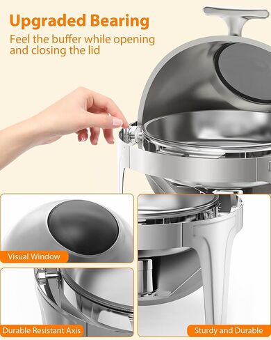 طقم بوفيه أطباق من الفولاذ المقاوم للصدأ بسعة 6.3 لتر مع نافذة زجاجية - خادم احترافي لتسخين الطعام لتقديم الطعام والحفلات وحفلات الزفاف والولائم والمناسبات - أواني طهي متينة لتقديم الطعام، سعة 6 لتر in Kuwait