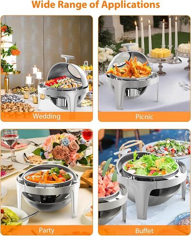 طقم بوفيه أطباق من الفولاذ المقاوم للصدأ بسعة 6.3 لتر مع نافذة زجاجية - خادم احترافي لتسخين الطعام لتقديم الطعام والحفلات وحفلات الزفاف والولائم والمناسبات - أواني طهي متينة لتقديم الطعام، سعة 6 لتر in Kuwait