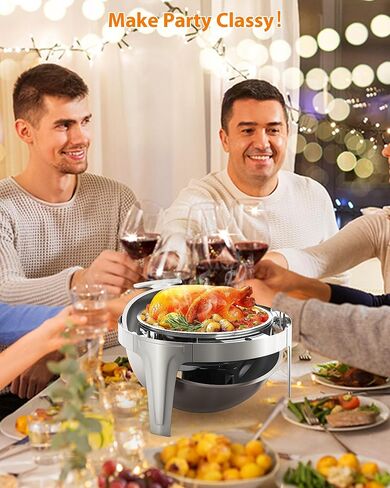 طقم بوفيه أطباق من الفولاذ المقاوم للصدأ بسعة 6.3 لتر مع نافذة زجاجية - خادم احترافي لتسخين الطعام لتقديم الطعام والحفلات وحفلات الزفاف والولائم والمناسبات - أواني طهي متينة لتقديم الطعام، سعة 6 لتر in Kuwait