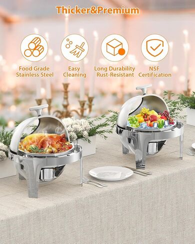 طقم بوفيه أطباق من الفولاذ المقاوم للصدأ بسعة 6.3 لتر مع نافذة زجاجية - خادم احترافي لتسخين الطعام لتقديم الطعام والحفلات وحفلات الزفاف والولائم والمناسبات - أواني طهي متينة لتقديم الطعام، سعة 6 لتر in Kuwait