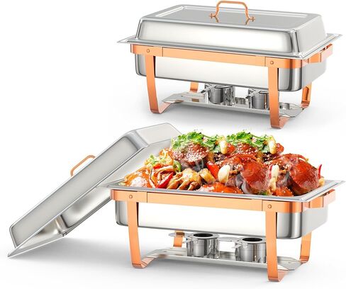8 Qt Stainless Steel Chafing Dish Set of 4, Gold Rectangle Buffet Food Warmers with Pans, Lids & Fuel Holders, Catering Chafer for Wedding, Banquet, Party Buffet Service in Kuwait