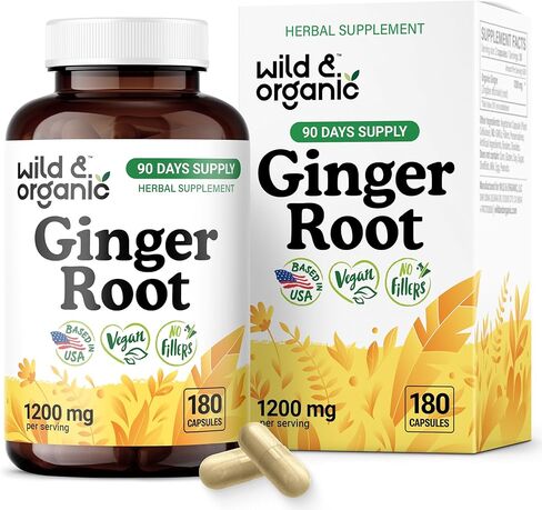 Wild & Organic Ginger Root Capsules 1200 mg - Immune & Digestive Support - Natural Ginger Supplements - Zingiber Officinale Powder - 30 Days of Supply - Vegan, No Fillers, Non-GMO - 60 Count in Saudi Arabia