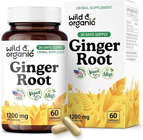 Wild & Organic Ginger Root Capsules 1200 mg - Immune & Digestive Support - Natural Ginger Supplements - Zingiber Officinale Powder - 30 Days of Supply - Vegan, No Fillers, Non-GMO - 60 Count in Saudi Arabia
