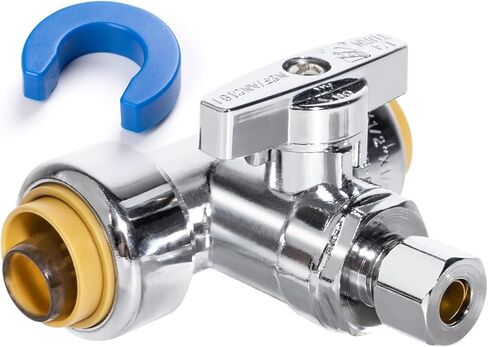 Tee Stop Valve, 1/2" PTC x 1/2" PTC x 1/4" OD Compression, Push to Connect Brass Plumbing Fitting for PEX, Copper, CPVC Pipe, Quarter-Turn Shut Off Water Valve Disconnect Clip in Kuwait