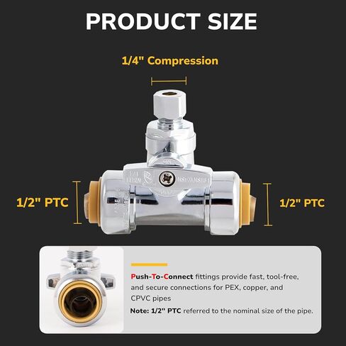 Tee Stop Valve, 1/2" PTC x 1/2" PTC x 1/4" OD Compression, Push to Connect Brass Plumbing Fitting for PEX, Copper, CPVC Pipe, Quarter-Turn Shut Off Water Valve Disconnect Clip in Kuwait