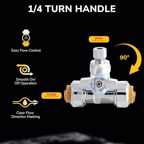 Tee Stop Valve, 1/2" PTC x 1/2" PTC x 1/4" OD Compression, Push to Connect Brass Plumbing Fitting for PEX, Copper, CPVC Pipe, Quarter-Turn Shut Off Water Valve Disconnect Clip in Kuwait