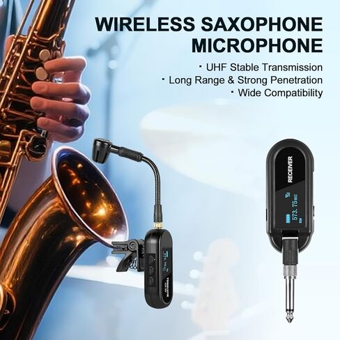 Wireless Saxophone Microphone System, UHF Rechargeable Instrument Cordless Mic for Sax and Trumpet, 164 ft Transmission, 20 Channels, Long Battery Life, Compatible with 6.35mm & 3.5mm Inputs in Kuwait