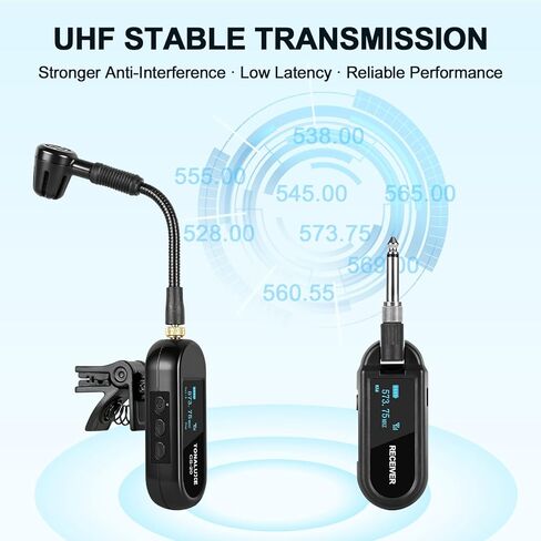 Wireless Saxophone Microphone System, UHF Rechargeable Instrument Cordless Mic for Sax and Trumpet, 164 ft Transmission, 20 Channels, Long Battery Life, Compatible with 6.35mm & 3.5mm Inputs in Kuwait