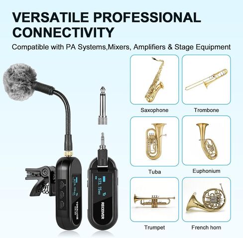 Wireless Saxophone Microphone System, UHF Rechargeable Instrument Cordless Mic for Sax and Trumpet, 164 ft Transmission, 20 Channels, Long Battery Life, Compatible with 6.35mm & 3.5mm Inputs in Kuwait