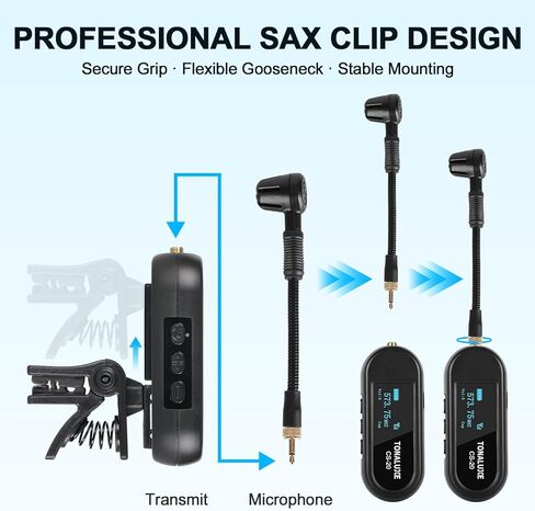 Wireless Saxophone Microphone System, UHF Rechargeable Instrument Cordless Mic for Sax and Trumpet, 164 ft Transmission, 20 Channels, Long Battery Life, Compatible with 6.35mm & 3.5mm Inputs in Kuwait