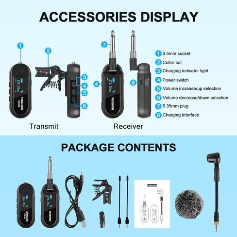 Wireless Saxophone Microphone System, UHF Rechargeable Instrument Cordless Mic for Sax and Trumpet, 164 ft Transmission, 20 Channels, Long Battery Life, Compatible with 6.35mm & 3.5mm Inputs in Kuwait