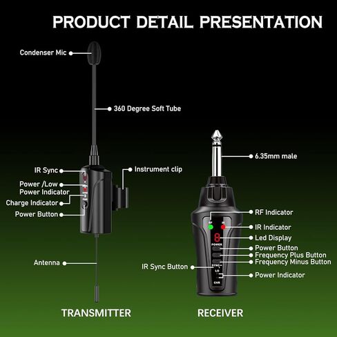 UHF Wireless Flute Microphone System, Wireless Tie-on Microphone for Flute, Suitable for Live Performances, PA Systems, Audio Mixers, and Speakers - DT-5 in Kuwait