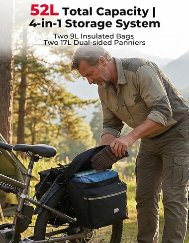 KEMIMOTO Bike Panniers 3 في 1، حقيبة دراجة 34 لتر مع حزمتين تبريد معزولتين 9 لتر، حقيبة سرج الدراجة تتضمن غطاء مطر مقاوم للماء، ملحقات ركوب الدراجات للتخييم والتسوق وركوب الدراجات على الطرق، أسود in Saudi Arabia