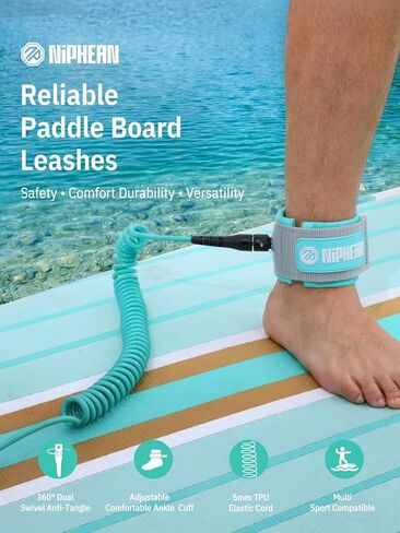 niphean Paddle Board Leash 3–10ft, 5mm Coiled Elastic Ankle Strap, Durable Spiral Paddle & Surf Board Leashes with Plug, Tangle-Free, Comfortable & Adjustable for SUP, Surf, Bodyboard, Boogie in Kuwait