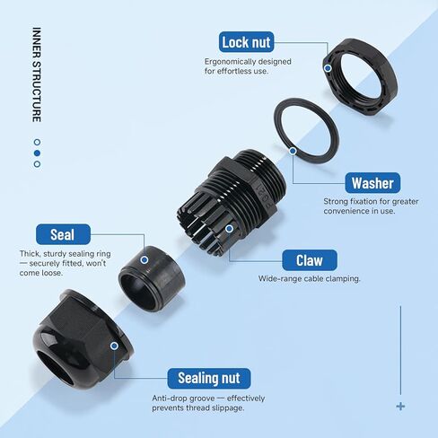 Cable Glands 100 pcs Cable Gland Waterproof joints, Adjustable Black 3-25mm Waterproof Cable Connectors PG7 PG9 PG11 PG13.5 PG21 PG29 Plastic 4 cable glands and Gaskets in PP Box in Saudi Arabia