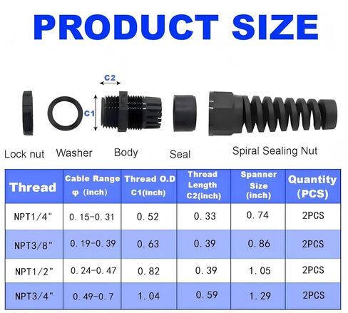 Strain Relief Cord Connector, 8Pcs Combinations NPT 1/2" NPT1/4'' NPT3/4'' NPT3/8'' IP68 Waterproof Cable Gland Flex Spiral Strain Relief Adjustable Cable Connector Nylon Joint with Gaskets(Black) in Saudi Arabia